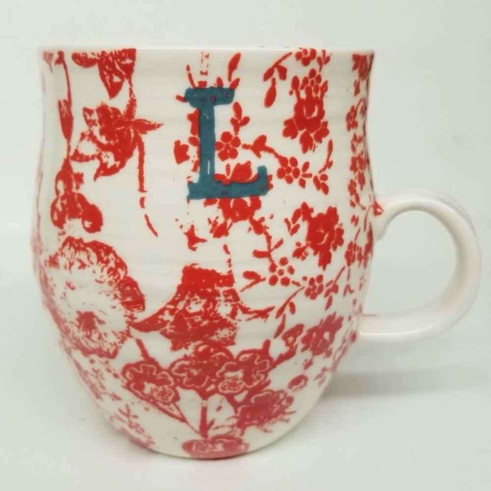 Anthropologie Red and White Floral Ceramic Mug